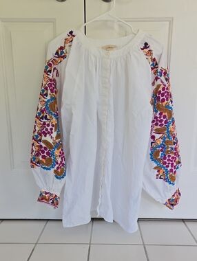 H&M White Embroidered Peasant Blouse with Colorful Sleeve Detail